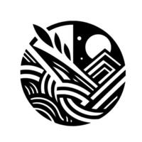 Abstract Black and White Circular Composition Organic and Geometric Elements, Moonlit Mountain Landscape with Leaves. vector
