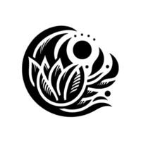 Bold Black White Botanical Mandala Lotus, Crescent, and Celestial Elements in a Circular, Symmetrical . vector