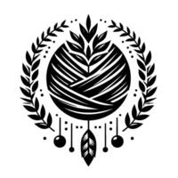 Intricate black and white circular emblem featuring a stylized yarn ball entwined with leaves, a laurel wreath, and dreamcatcher elements. vector