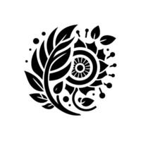 Intricate Black and White Floral Featuring Leaves, Blooms, and Circular Pattern Elements. vector