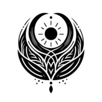 Intricate Black and White Circular Mandala with Central Sun Motif, Leafy Elements, and Geometric Symmetry. vector