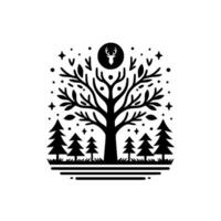 Symbolic Black and White Illustration of a Forest A Majestic Tree with Deer Emblem, Pine Trees, and Celestial Accents. vector