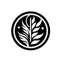 Circular black and white emblem featuring stylized plant elements, with a symmetrical and minimalist aesthetic. vector