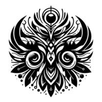 Symmetrical Black and White Ornamental Owl with Bold Lines, Ornate Details, and Concentric Circular Pattern. vector