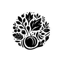 Black and white circular illustration of autumn harvest elements including a pumpkin, leaves, berries, and fruit, arranged symmetrically. vector