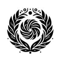 Circular Black and White Ornamental Featuring Leaves, Swirls, and Decorative Elements on a White Background. vector