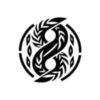 Intricate Black and White Yin Yang with Foliage Motif, Enclosed in Circular Frame, Representing Balance and Harmony. vector