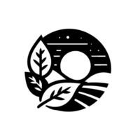 Monochrome round emblem Leaves frame a landscape with a sun, field, and starlit sky, minimalist . vector