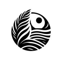 A minimalist black and white circular merging a feather with a stylized eye and ocean waves, evoking harmony. vector