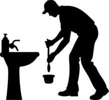 Plumber Fixing Sink Clogged Drain Silhouette Design for Home Maintenance and DIY Projects vector