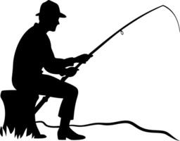 Silhouette of a Fisherman Sitting on a Stump Casting a Rod in a River Scene for Outdoor Designs vector