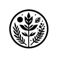 Monochromatic Botanical Emblem A minimalist black and white circular featuring stylized leaves, berries, and a central plant structure. vector