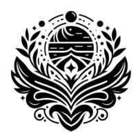 Intricate black and white symmetrical featuring a stylized night scene enclosed within botanical and celestial elements. vector