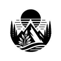 Black and White Circular Emblem Mountain Range, Sunset, Evergreen Trees, and Plant Life in a Clean, Minimalist . vector