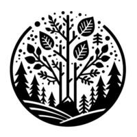 Stylized black and white circular featuring a central tree, forest landscape and scattered dots. vector