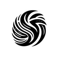 A symmetrical, abstract, blackandwhite , resembling an avian form or emblem within a circular composition, with curved lines and a minimalist aesthetic. vector