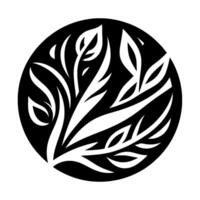 Abstract black and white circular of stylized plantlike forms with detailed leaves and curves within a solid circle. vector