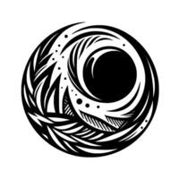 Intricate Black and White Circle with Swirling Lines, Leaflike Forms, and a Central Black Hole on a White Background. vector