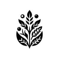 Stylized black and white floral , featuring leaves and berries, set against a stark white background, evoking nature and minimalism. vector