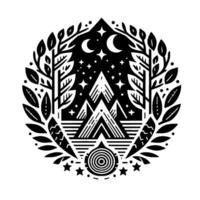 Black and White Mountainscape Crest with Crescent Moons, Stars, Trees, and Decorative Circular Elements. vector