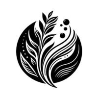 Stylized monochrome botanical with foliage, wavy lines, bubbles, and dots arranged within a circular composition. vector