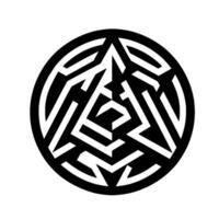 A striking, geometric, blackandwhite circular resembling an intricate maze or interwoven pattern within a white space. vector