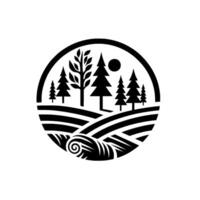 Stylized Black and White Nature Scene in a Circle Featuring Trees, Rolling Hills, and Sun. Clean , minimalist art. vector