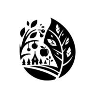 Minimalist black and white illustration depicting a leafshaped landscape with an apple tree, a church, and a field, evoking a serene, rustic ambiance. vector