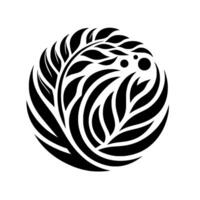Abstract botanical featuring swirling black leaf patterns arranged in a circular shape against a white background. vector
