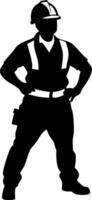 Confident Construction Worker Silhouette Standing with Hands on Hips in Safety Gear for Design vector