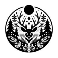 Black and white circular emblem of a stag within a forest scene, with a sun and geometric accents. vector