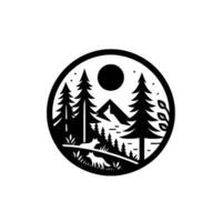 Minimalist Circular Silhouette Forest Scene with Mountains, Moon, Foxes, and Coniferous Trees. vector
