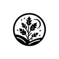 Black and White Minimalist A Stylized Plant Silhouette with Crescent Moon Inside a Circular Frame on a White Background. vector