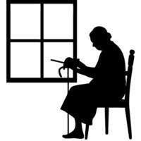 Silhouette of Elderly Woman Knitting by Window in Cozy Indoor Setting vector