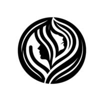 Minimalist Black and White Two Female Faces Intertwined with Flowing Hair, Within a Circular Frame, Evoking Beauty and Femininity. vector