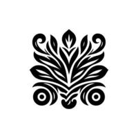 Symmetrical Black and White Floral Ornament with Leaves, Scrolls and Circular Accents on a Clean White Background vector