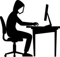 Silhouette of a Hooded Figure Working on a Computer at a Desk for Cybersecurity Themes vector