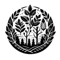 Monochromatic Circular Nature Lush Forest and Botanical Elements in Black White, Evoking Serenity vector