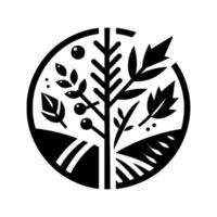 Black and White Circular Depicting stylized Tree, Berries, and Leaves, Illustrating Natures Elements. vector