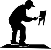 Silhouette of Painter Applying Paint to Canvas in Dynamic Artistic Pose vector