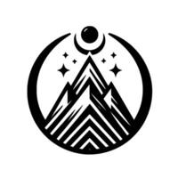 Symbolic Black and White Mountain Range with Crescent Moon, Stars, and Celestial Body Encased in a Circular Frame. vector