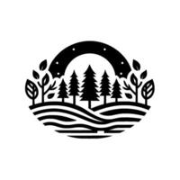 Minimalist Emblem Black and White Forest Scene, Evergreen Trees Under a Crescent Moon with a Striped Horizon and Leafy Accents vector