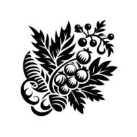 Bold Black and White Floral Illustration Featuring Stylized Berries, Leaves, and Intricate Ornamental Swirls, Creating a Symmetrical Decorative . vector