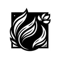 A symmetrical black and white artistic , featuring stylized leaves and decorative elements within a square frame, evoking nature. vector