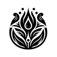Stylized Black and White Floral Emblem Symmetrical, Abstract Featuring Leaves, Petals, and a Central TearDrop Element, Symbolizing Nature. vector