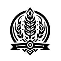 Stylized wheat emblem in black and white with symmetrical arrangement of leaves, dots and a banner, enclosed in a circle, symbolic of abundance and harvest. vector