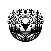 Black and White Circular Illustration of a Deer in a Forest Scene with Sunburst and Detailed Foliage, Nature . vector