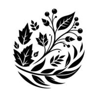 Intricate black and white floral composition arranged in a circular , featuring leaves, berries, and stylized plant elements, evoking a sense of organic beauty. vector