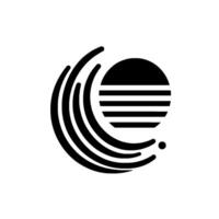 Abstract minimalist black and white of a striped sun or planet with curved lines symbolizing waves or orbits. vector