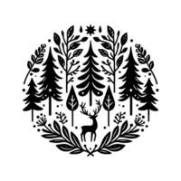 Monochromatic Forest Scene, Circular Composition with Deer, Trees, Leaves, Berries, and Star Motif. vector